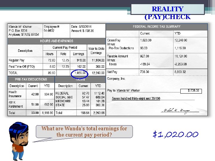 REALITY (PAY)CHECK What are Wanda’s total earnings for the current pay period? $1, 020.