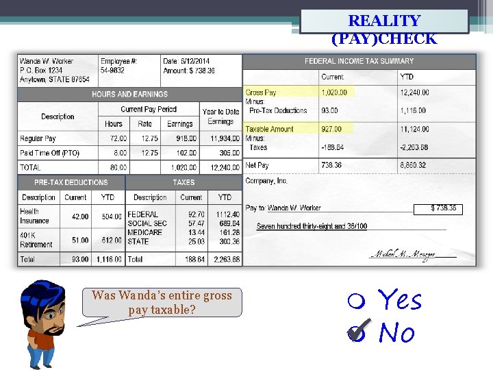 REALITY (PAY)CHECK Was Wanda’s entire gross pay taxable? Yes No 