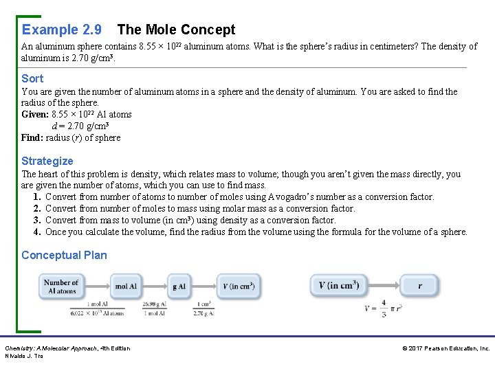 Example 2. 9 The Mole Concept An aluminum sphere contains 8. 55 × 1022