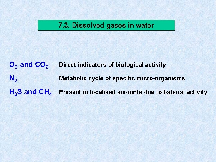 7. 3. Dissolved gases in water O 2 and CO 2 Direct indicators of