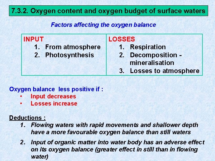 7. 3. 2. Oxygen content and oxygen budget of surface waters Factors affecting the