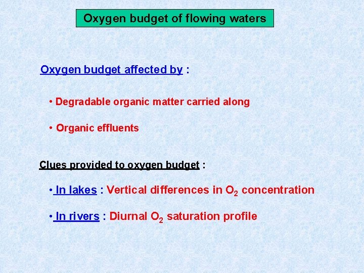 Oxygen budget of flowing waters Oxygen budget affected by : • Degradable organic matter