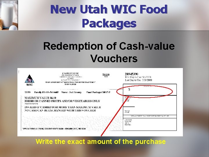 New Utah WIC Food Packages Redemption of Cash-value Vouchers Write the exact amount of
