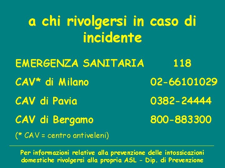 a chi rivolgersi in caso di incidente EMERGENZA SANITARIA 118 CAV* di Milano 02 a chi rivolgersi in caso di incidente EMERGENZA SANITARIA 118 CAV* di Milano 02