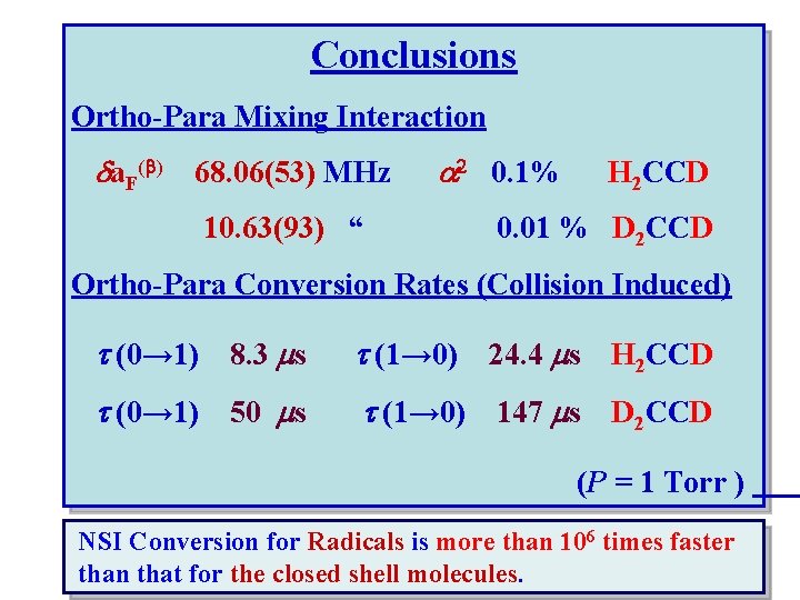 Conclusions Ortho-Para Mixing Interaction da. F(b) 68. 06(53) MHz 10. 63(93) “ a 2