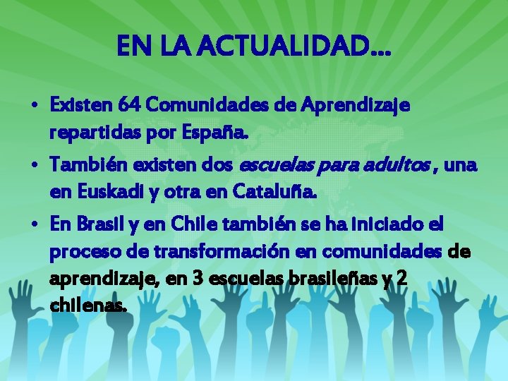 EN LA ACTUALIDAD… • Existen 64 Comunidades de Aprendizaje repartidas por España. • También EN LA ACTUALIDAD… • Existen 64 Comunidades de Aprendizaje repartidas por España. • También