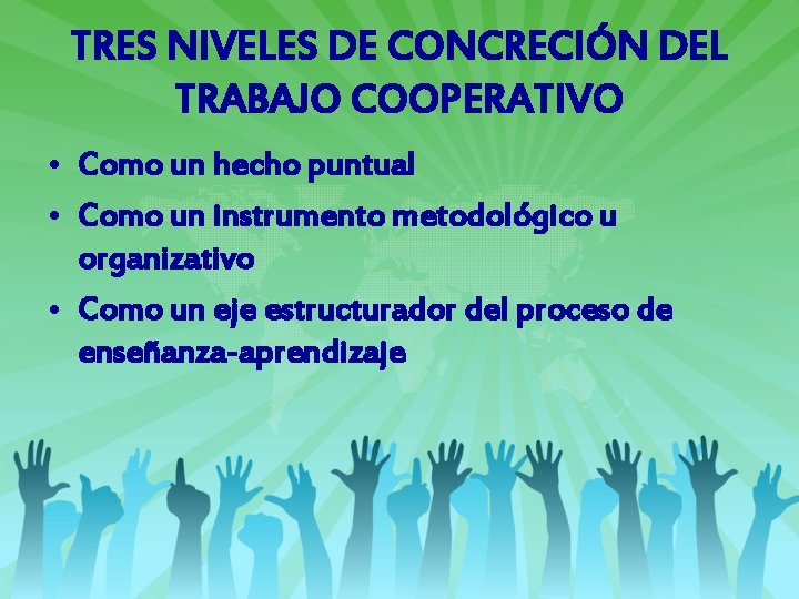 TRES NIVELES DE CONCRECIÓN DEL TRABAJO COOPERATIVO • Como un hecho puntual • Como TRES NIVELES DE CONCRECIÓN DEL TRABAJO COOPERATIVO • Como un hecho puntual • Como