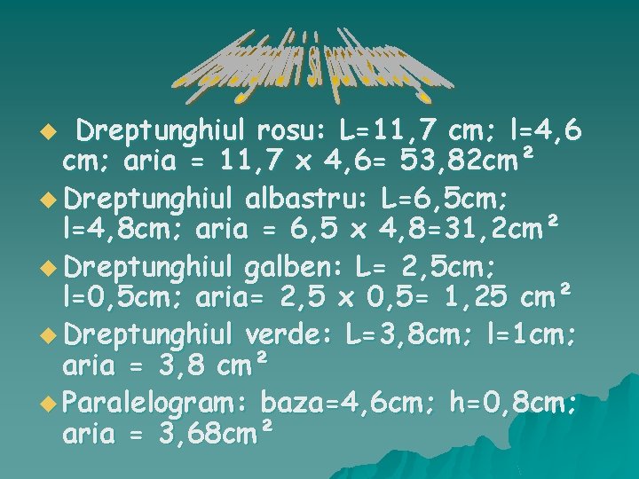 Dreptunghiul rosu: L=11, 7 cm; l=4, 6 cm; aria = 11, 7 x 4,