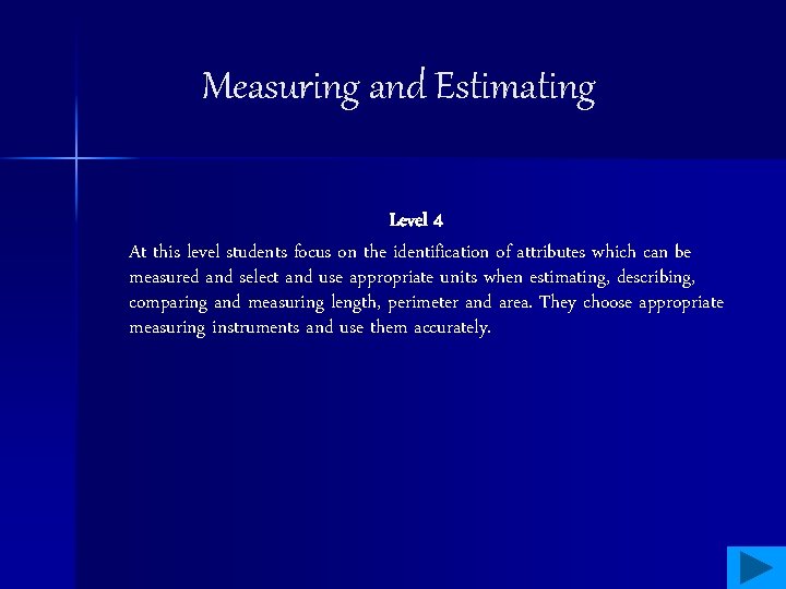 Measuring and Estimating Level 4 At this level students focus on the identification of