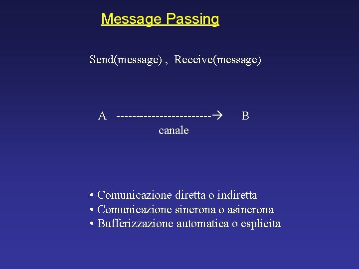 Message Passing Send(message) , Receive(message) A ------------ canale B • Comunicazione diretta o indiretta