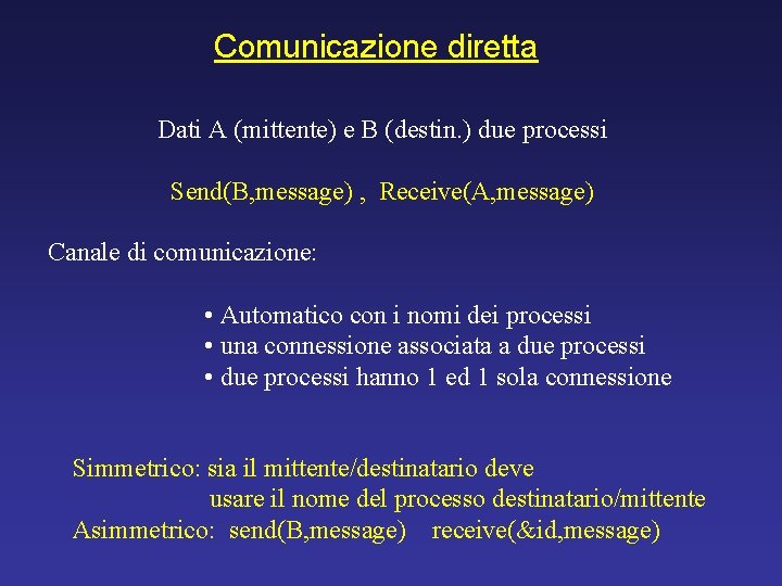 Comunicazione diretta Dati A (mittente) e B (destin. ) due processi Send(B, message) ,