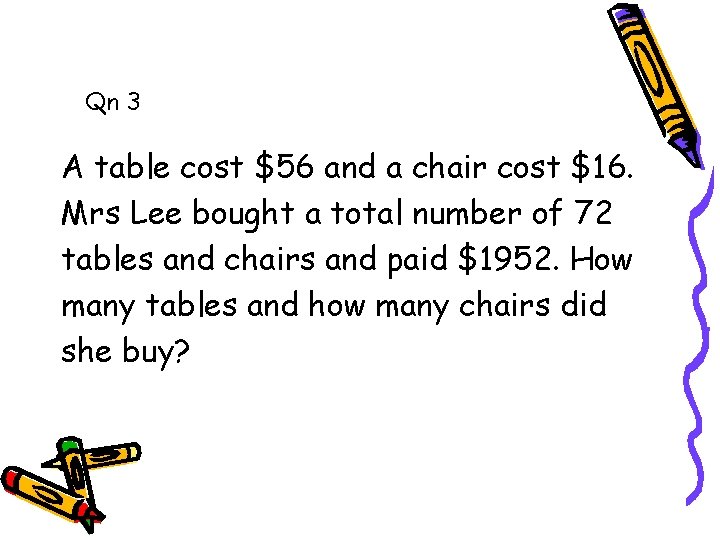 Qn 3 A table cost $56 and a chair cost $16. Mrs Lee bought Qn 3 A table cost $56 and a chair cost $16. Mrs Lee bought