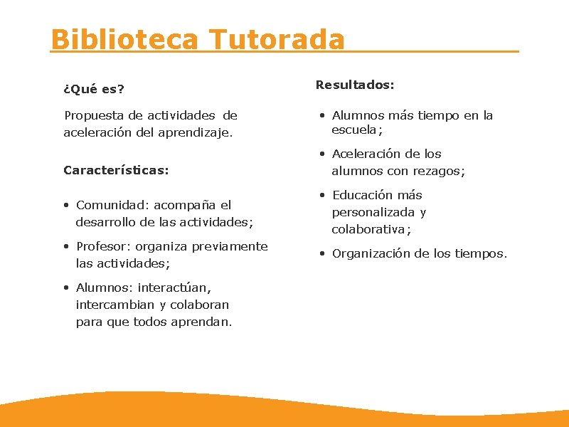 Biblioteca Tutorada ¿Qué es? Resultados: Propuesta de actividades de aceleración del aprendizaje. • Alumnos