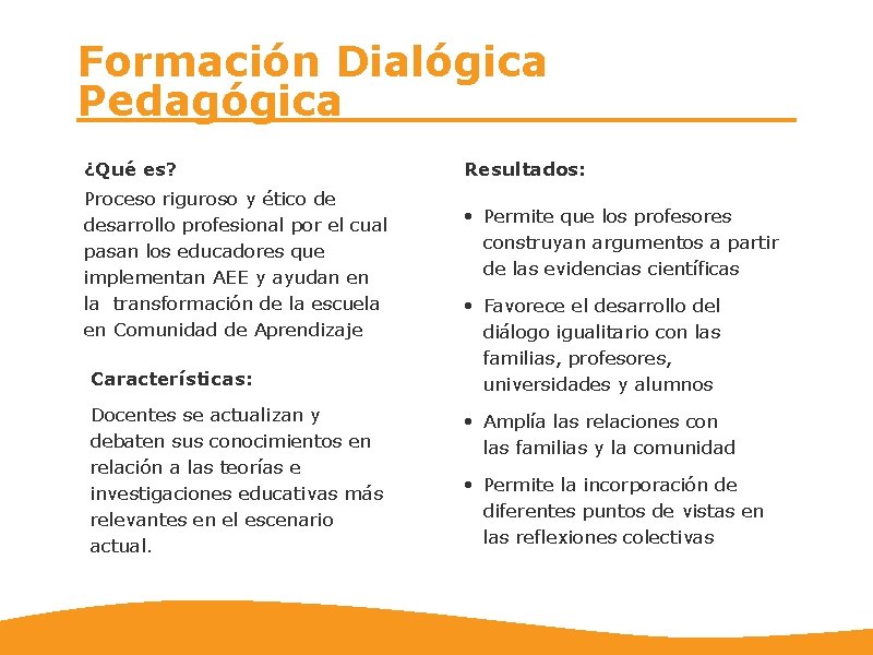 Formación Dialógica Pedagógica ¿Qué es? Proceso riguroso y ético de desarrollo profesional por el