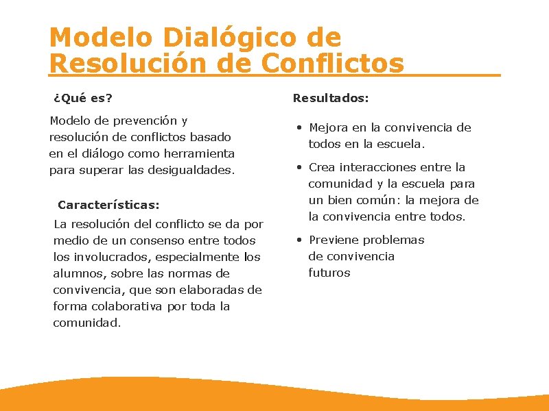 Modelo Dialógico de Resolución de Conflictos ¿Qué es? Modelo de prevención y resolución de