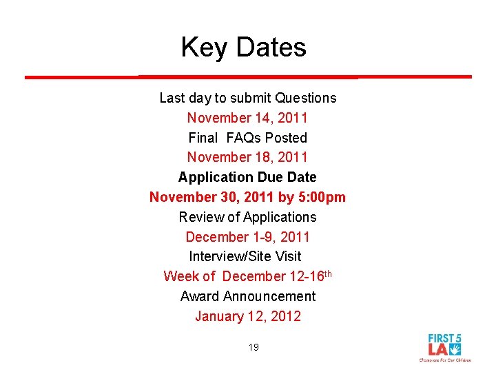Key Dates Last day to submit Questions November 14, 2011 Final FAQs Posted November