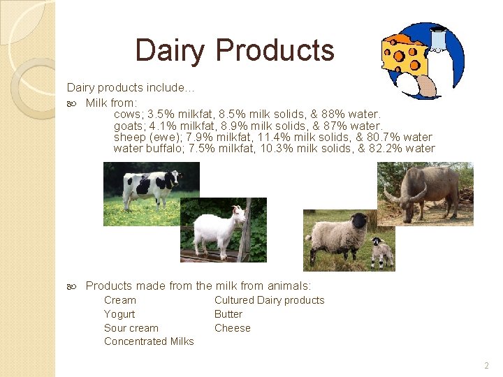 Dairy Products Dairy products include… Milk from: cows; 3. 5% milkfat, 8. 5% milk