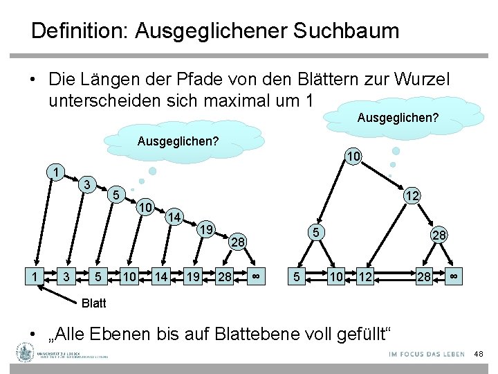 Definition: Ausgeglichener Suchbaum • Die Längen der Pfade von den Blättern zur Wurzel unterscheiden