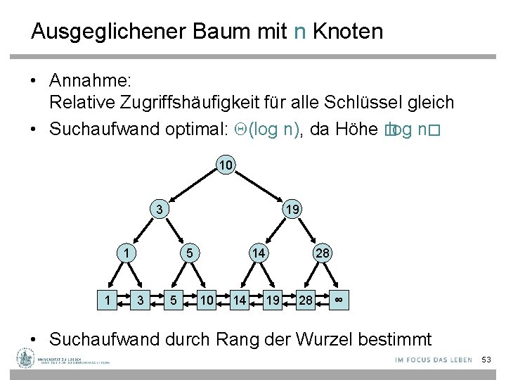 Ausgeglichener Baum mit n Knoten • Annahme: Relative Zugriffshäufigkeit für alle Schlüssel gleich •