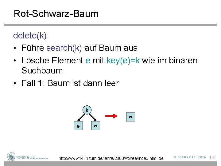 Rot-Schwarz-Baum delete(k): • Führe search(k) auf Baum aus • Lösche Element e mit key(e)=k