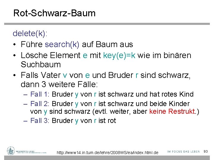 Rot-Schwarz-Baum delete(k): • Führe search(k) auf Baum aus • Lösche Element e mit key(e)=k