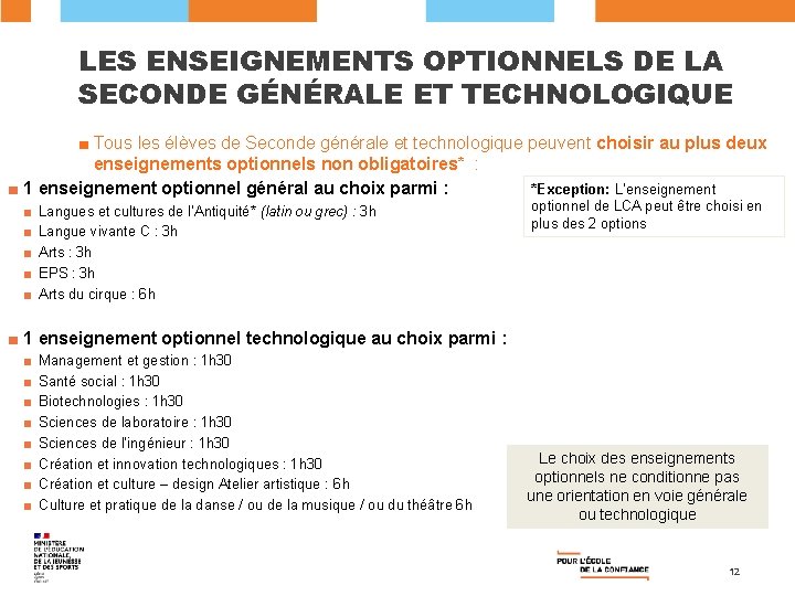 LES ENSEIGNEMENTS OPTIONNELS DE LA SECONDE GÉNÉRALE ET TECHNOLOGIQUE ■ Tous les élèves de