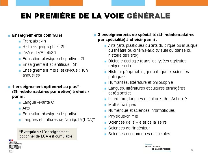 EN PREMIÈRE DE LA VOIE GÉNÉRALE ■ 3 enseignements de spécialité (4 h hebdomadaires