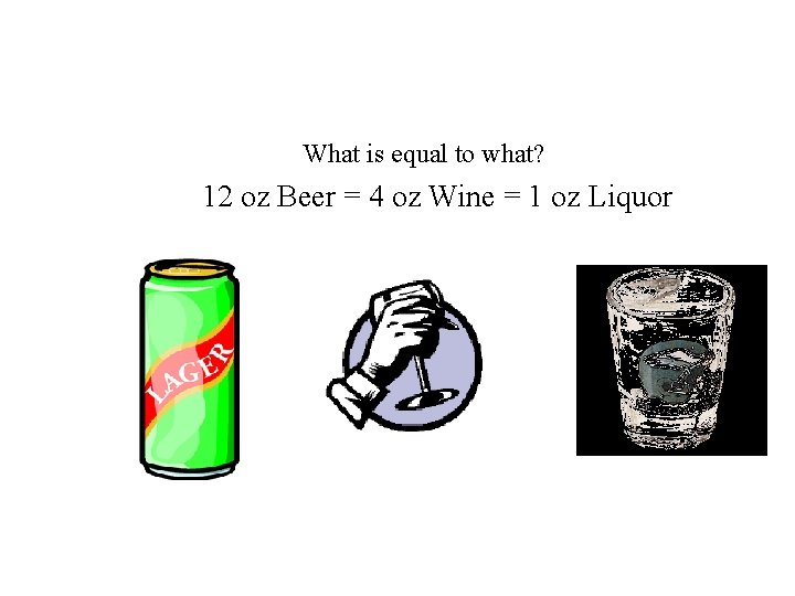 What is equal to what? 12 oz Beer = 4 oz Wine = 1