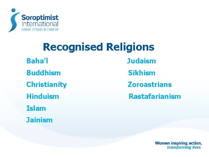 Recognised Religions Baha’l Judaism Buddhism Sikhism Christianity Zoroastrians Hinduism Rastafarianism Islam Jainism 