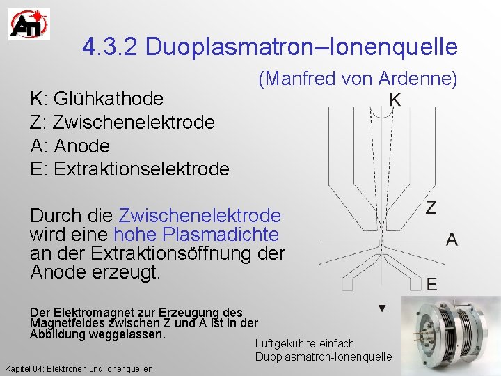 4. 3. 2 Duoplasmatron–Ionenquelle (Manfred von Ardenne) K: Glühkathode Z: Zwischenelektrode A: Anode E: