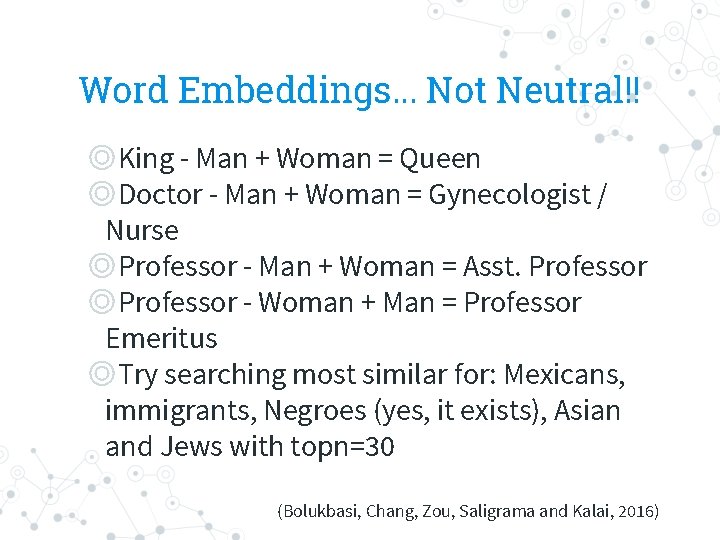 Word Embeddings. . . Not Neutral!! ◎King - Man + Woman = Queen ◎Doctor