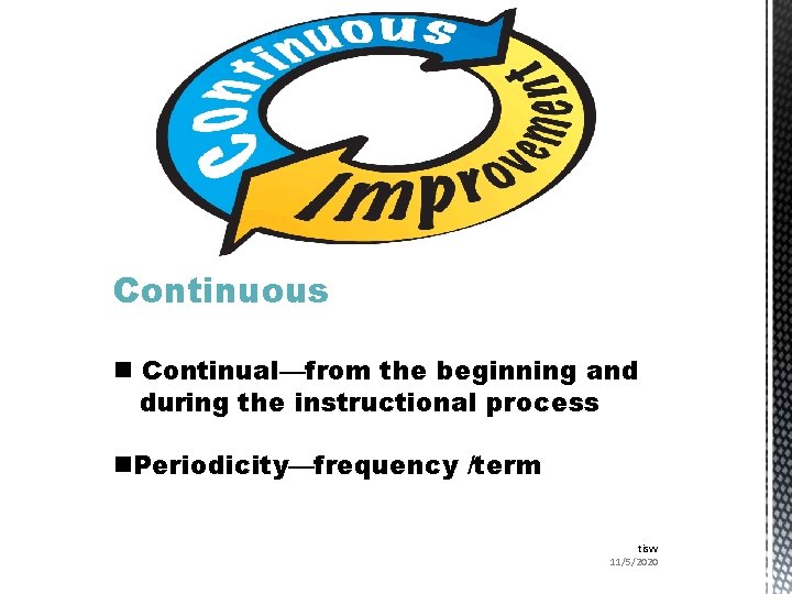 Continuous n Continual—from the beginning and during the instructional process n. Periodicity—frequency /term tisvv