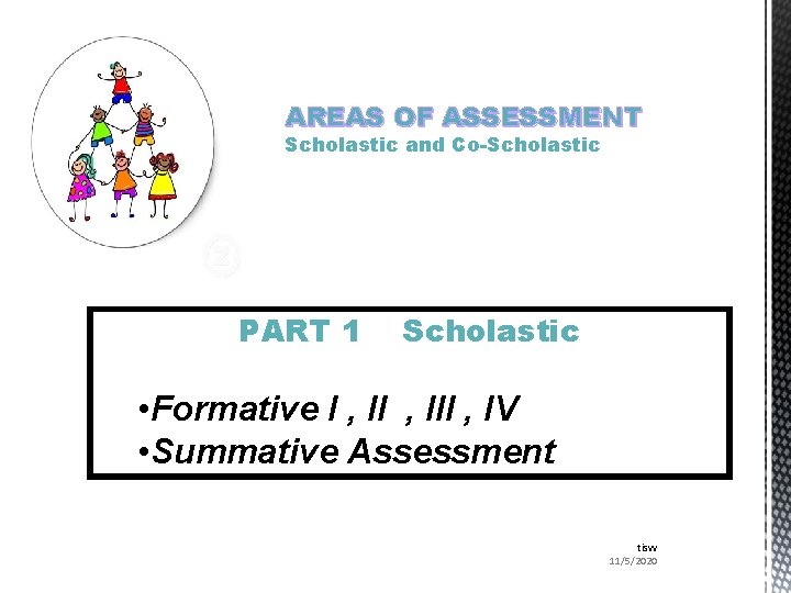 AREAS OF ASSESSMENT Scholastic and Co-Scholastic PART 1 Scholastic • Formative I , III