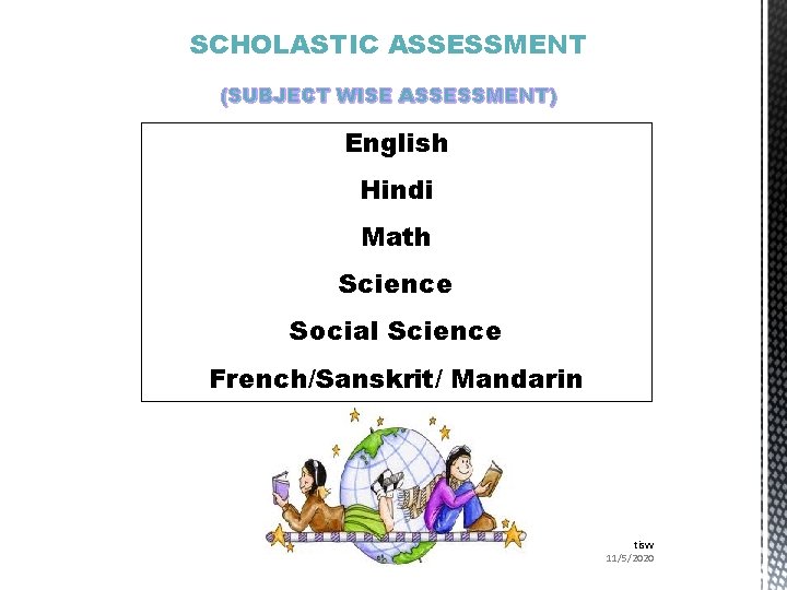 SCHOLASTIC ASSESSMENT (SUBJECT WISE ASSESSMENT) English Hindi Math Science Social Science French/Sanskrit/ Mandarin tisvv