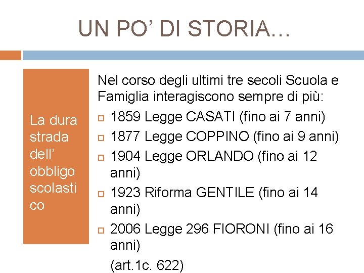 UN PO’ DI STORIA… La dura strada dell’ obbligo scolasti co Nel corso degli