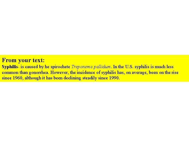 From your text: Syphilis- is caused by he spirochete Treponema pallidum. In the U.