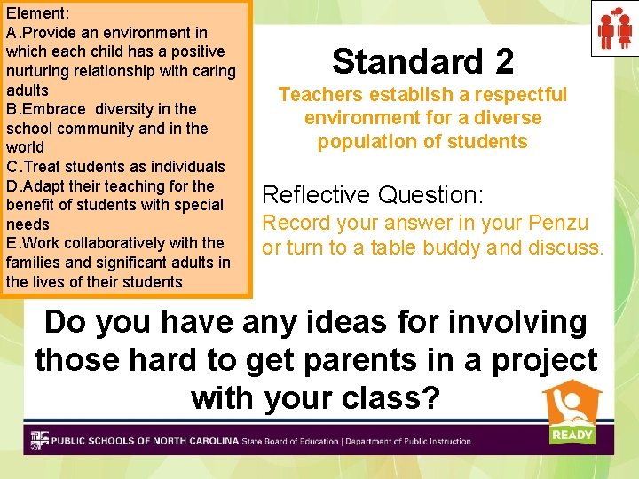 Element: A. Provide an environment in which each child has a positive nurturing relationship Element: A. Provide an environment in which each child has a positive nurturing relationship