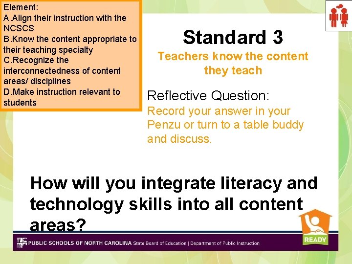 Element: A. Align their instruction with the NCSCS B. Know the content appropriate to Element: A. Align their instruction with the NCSCS B. Know the content appropriate to