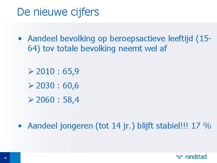 De nieuwe cijfers • Aandeel bevolking op beroepsactieve leeftijd (1564) tov totale bevolking neemt