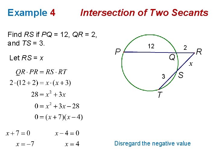 Example 4 Intersection of Two Secants Find RS if PQ = 12, QR =