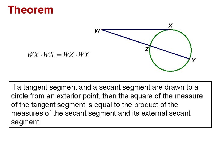 Theorem X W Z Y If a tangent segment and a secant segment are