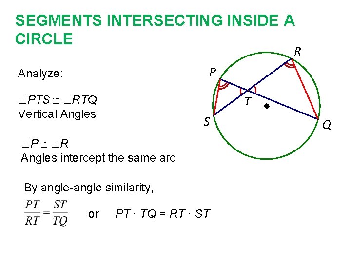 SEGMENTS INTERSECTING INSIDE A CIRCLE R P Analyze: PTS RTQ Vertical Angles T S