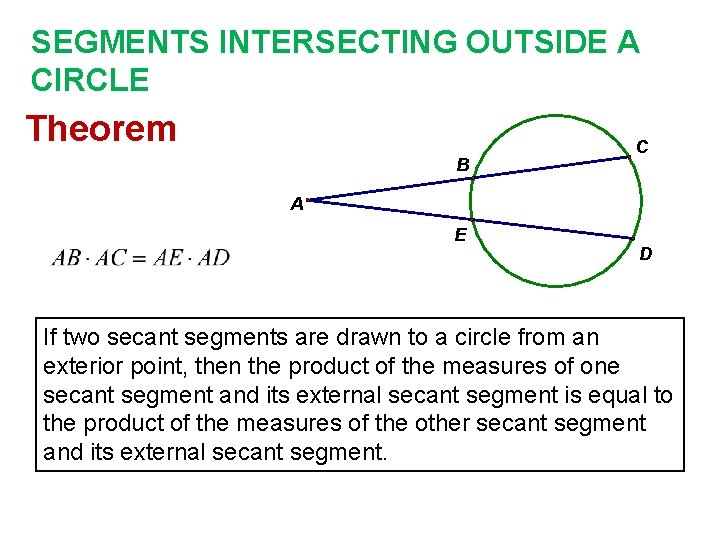 SEGMENTS INTERSECTING OUTSIDE A CIRCLE Theorem B C A E D If two secant