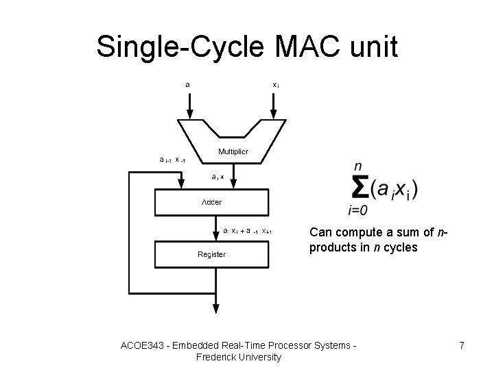 Single-Cycle MAC unit Can compute a sum of nproducts in n cycles ACOE 343