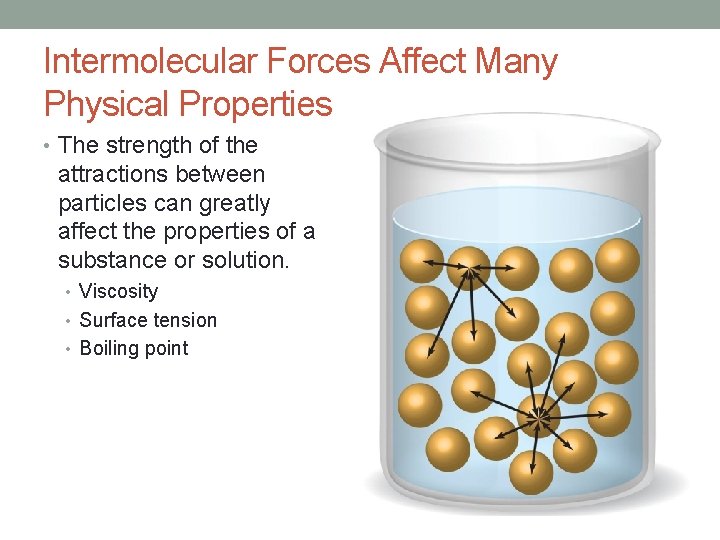 Intermolecular Forces Affect Many Physical Properties • The strength of the attractions between particles Intermolecular Forces Affect Many Physical Properties • The strength of the attractions between particles