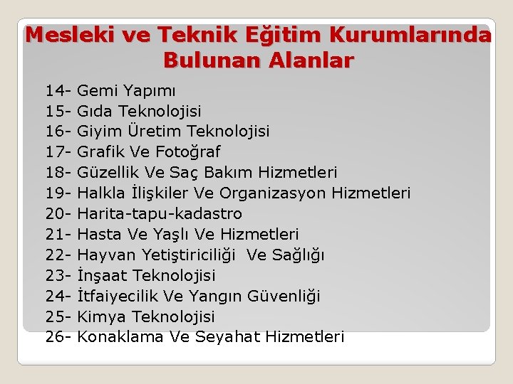 Mesleki ve Teknik Eğitim Kurumlarında Bulunan Alanlar 14 - Gemi Yapımı 15 - Gıda