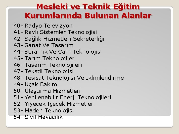 Mesleki ve Teknik Eğitim Kurumlarında Bulunan Alanlar 40 - Radyo Televizyon 41 - Raylı