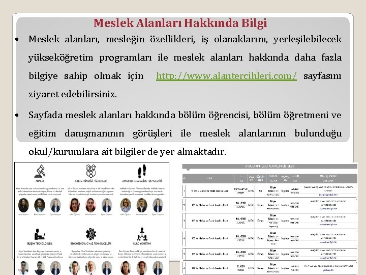 Meslek Alanları Hakkında Bilgi • Meslek alanları, mesleğin özellikleri, iş olanaklarını, yerleşilebilecek yükseköğretim programları