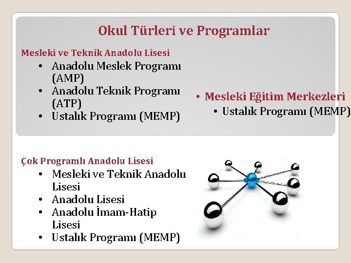 Okul Türleri ve Programlar Mesleki ve Teknik Anadolu Lisesi • Anadolu Meslek Programı (AMP)