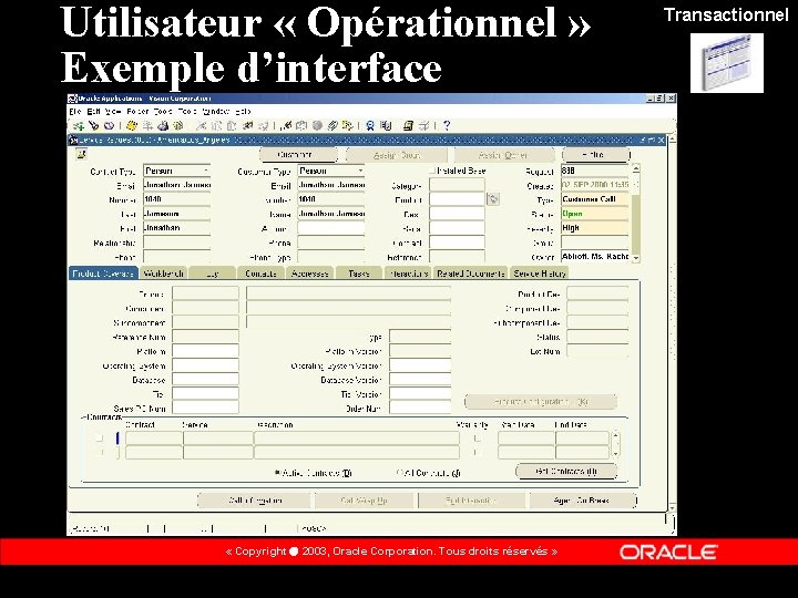 Utilisateur « Opérationnel » Exemple d’interface « Copyright 2003, Oracle Corporation. Tous droits réservés